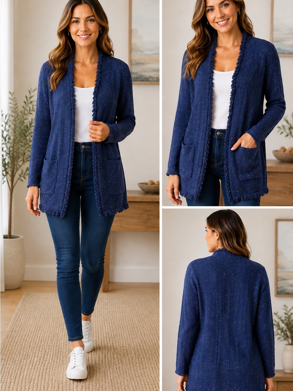 CAbi Womens Sz XS Navy Blue Speckled Fringe Cardigan Sweater Open Front Pockets